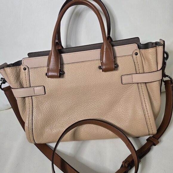 Coach Swagger 27 Carryall Pebble Leather Colorblock Beige Saddle Brown Gunmetal - Picture 7 of 8